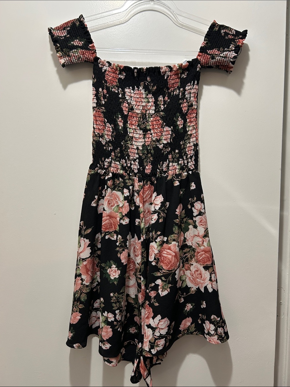 Coverstitched Black Rose Print Off‑Shoulder Romper Size S NWT